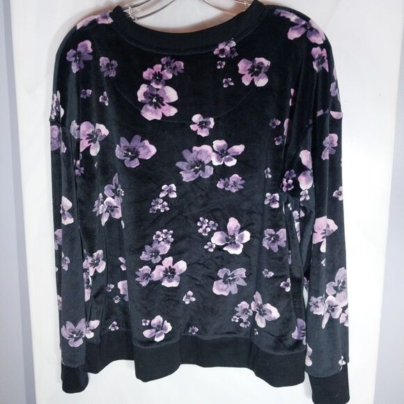 Vera Wang Simply Vera Pajama Top S Black Velour Floral Buttery Soft Oversized - Picture 5 of 8